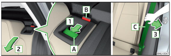 Fig. 79 Rebater o encosto do banco para a frente / Colocar o cinto no revestimento lateral