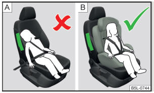 Fig. 26 Uma criança incorretamente protegida e sentada numa posição incorreta - sujeita a ferimentos devido ao airbag lateral / uma criança corretamente protegida numa cadeira de criança