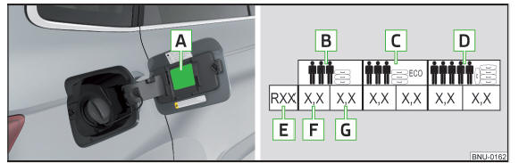 Fig. 303 Autocolante com uma tabela com os valores da pressão de ar dos pneus / Encher os pneus